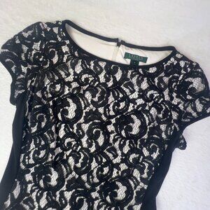 Lauren Ralph Lauren Dress Womens 6 Black Lace Sheath Short Sleeve Cocktail Party